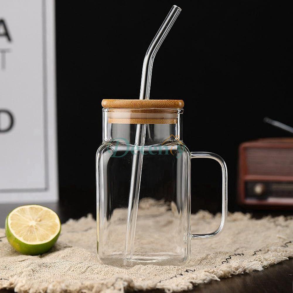 Square Glass Smoothie Cup With Handle And Straw (320 ml)