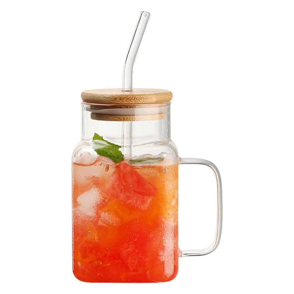Square Glass Smoothie Cup With Handle And Straw (320 ml)