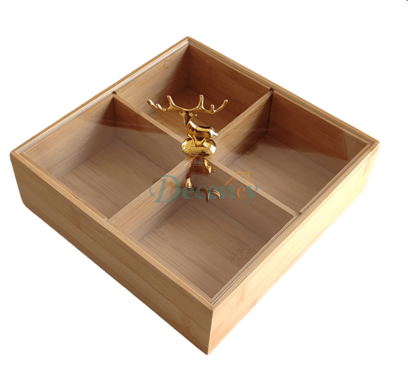 wooden dry fruit serving tray, 4-section snack dish, golden deer centerpiece tray, partitioned serving bowl, luxury wooden snack tray, decorative dry fruit holder