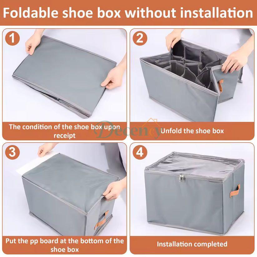 12-Compartment Foldable Shoe Storage Box – Dustproof Closet Organizer with Clear Lid