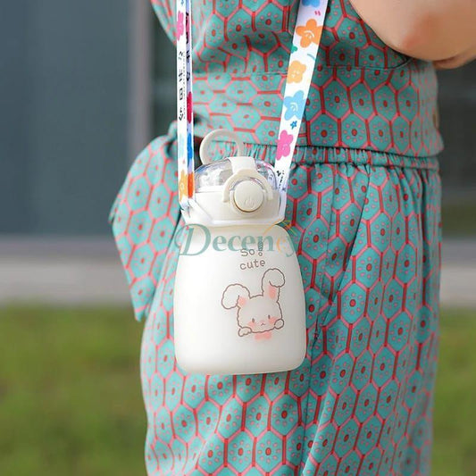 Cartoon Cute Bear Glass Water Bottle with Straw with Strap