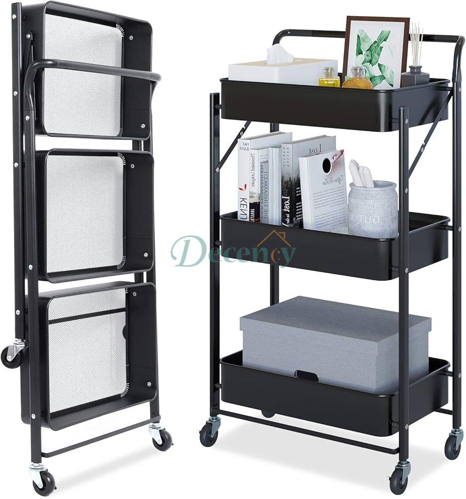 Foldable 3 Tier Metal Rolling Cart for Home and Office Storage - Black