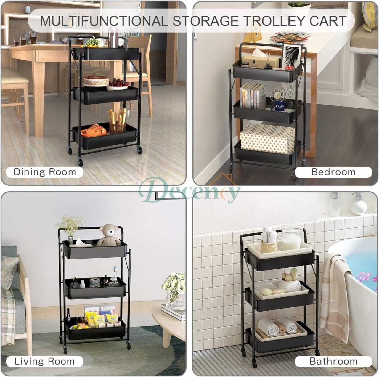 Foldable 3 Tier Metal Rolling Cart for Home and Office Storage - Black