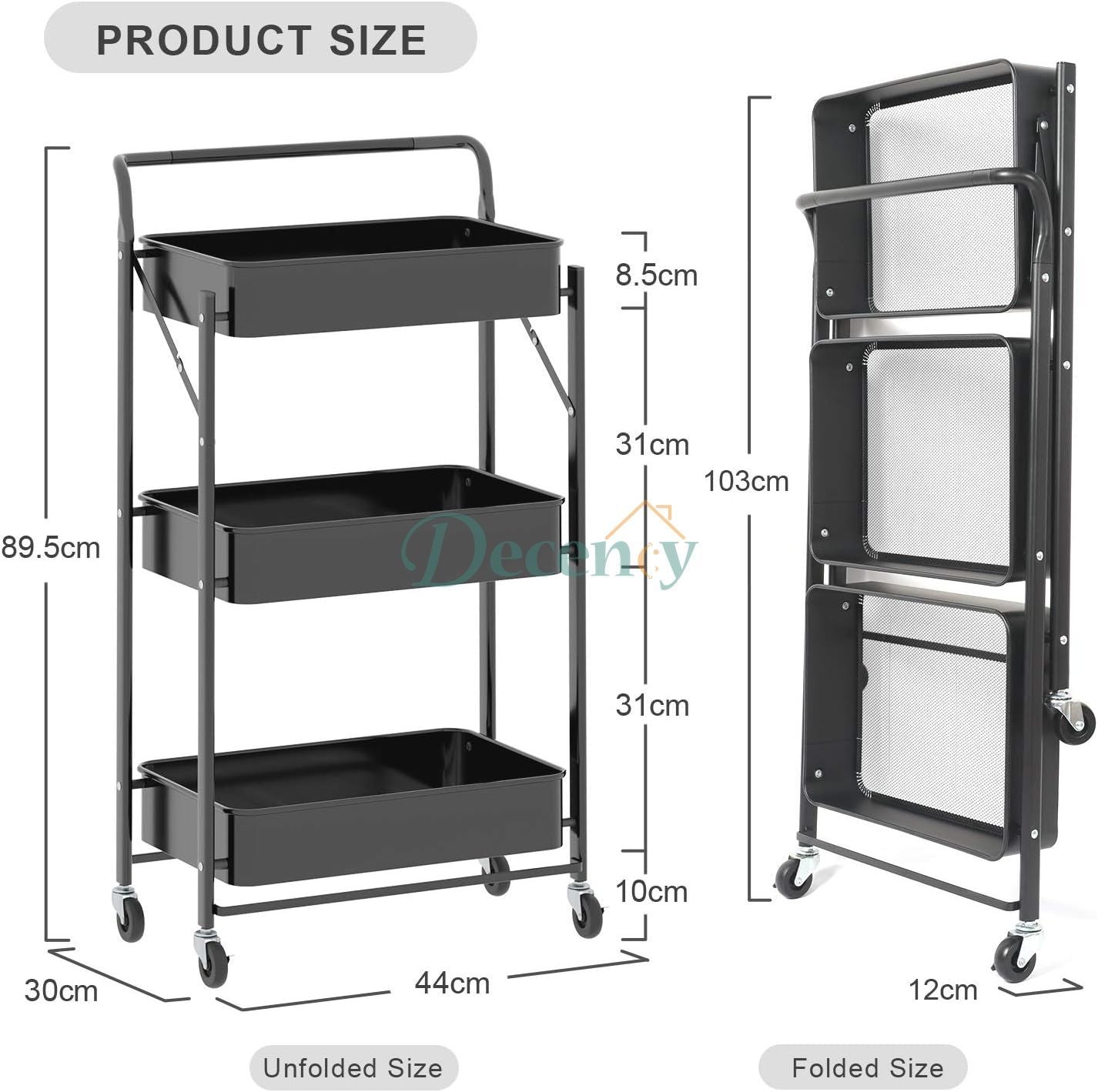 Foldable 3 Tier Metal Rolling Cart for Home and Office Storage - Black