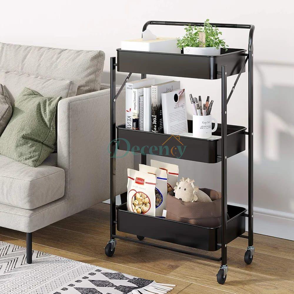 Foldable 3 Tier Metal Rolling Cart for Home and Office Storage - Black