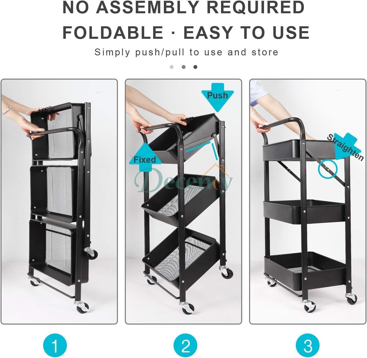 Foldable 3 Tier Metal Rolling Cart for Home and Office Storage - Black