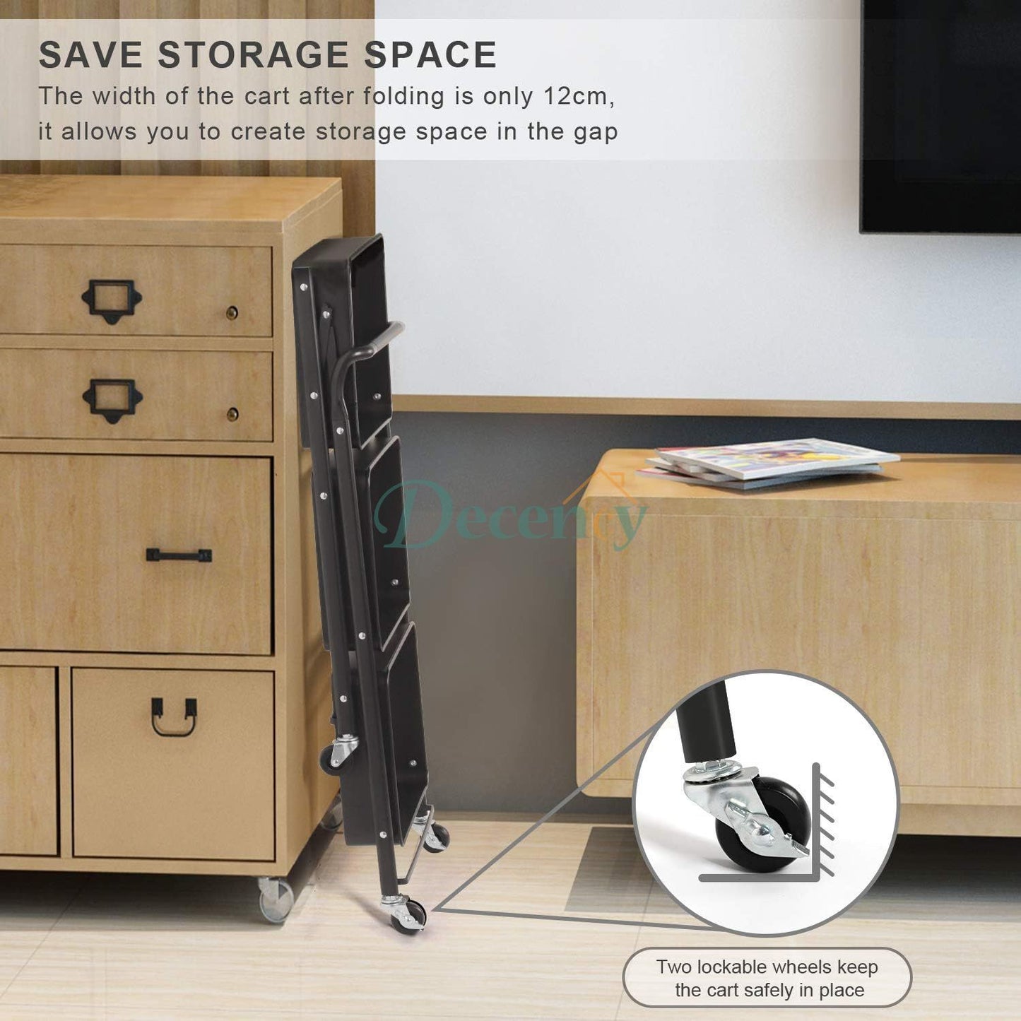 Foldable 3 Tier Metal Rolling Cart for Home and Office Storage - Black