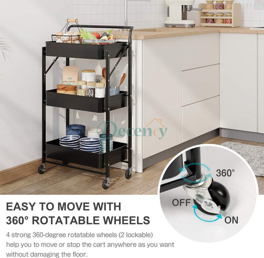 Foldable 3 Tier Metal Rolling Cart for Home and Office Storage - Black