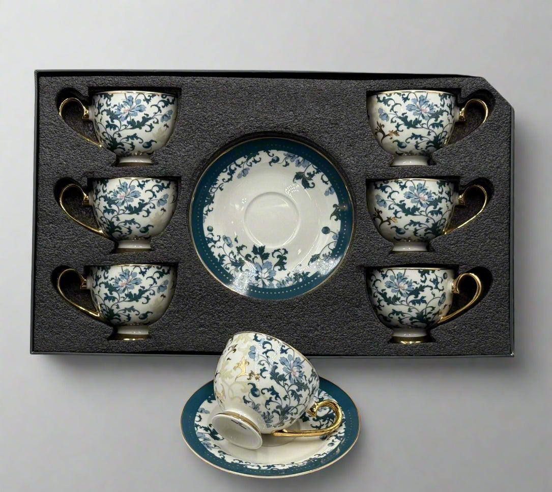 Johnson Brothers Blue Flora Tea Set – 12-Piece Elegant Cups & Saucers