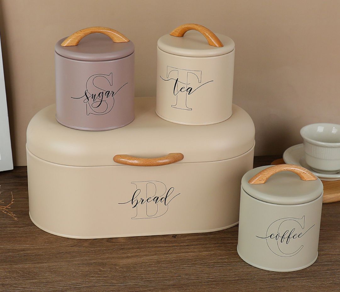 Set of 4 storage boxes for sugar, coffee, tea, for kitchen counter