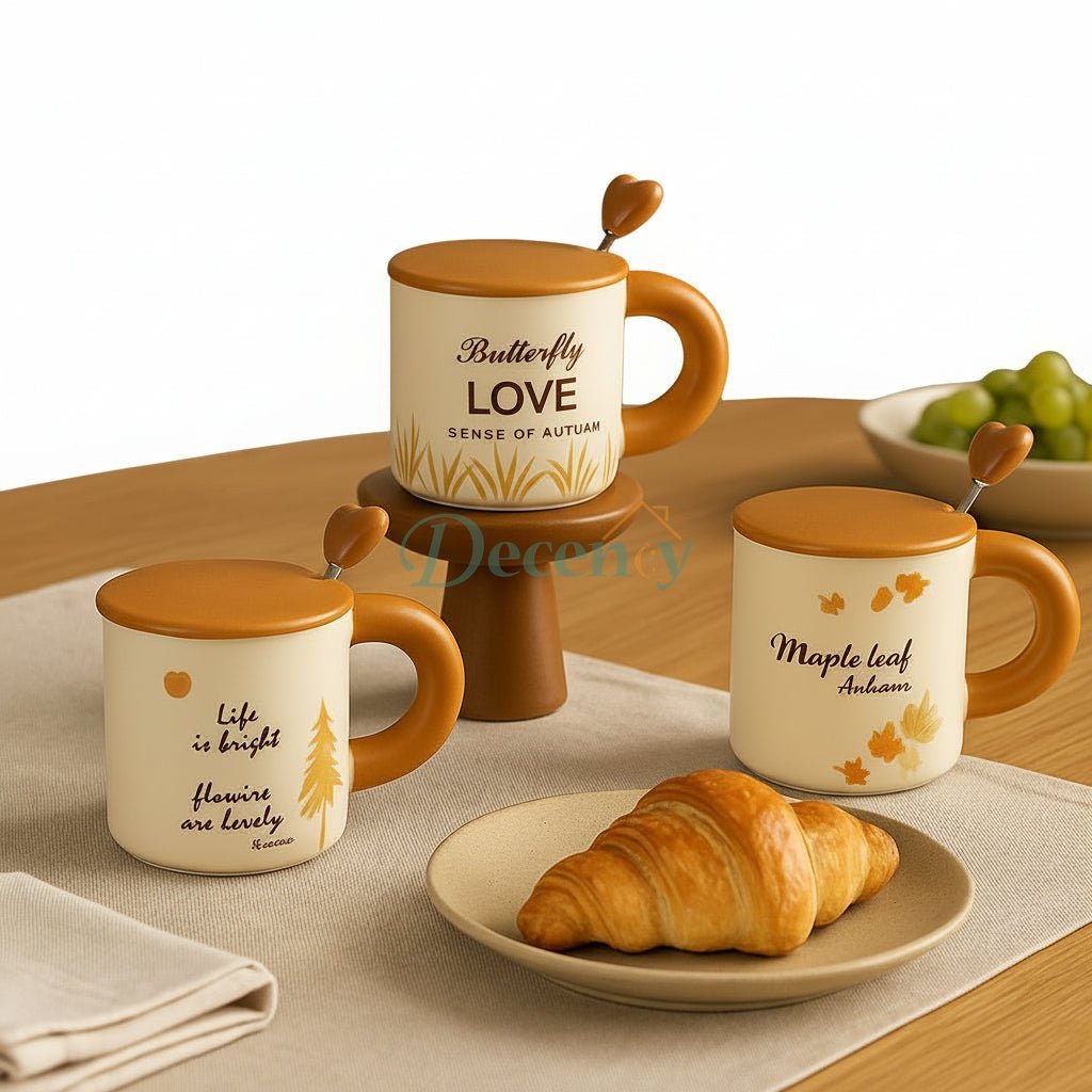 Autumn Vibe Ceramic Cup with Spoon & Lid