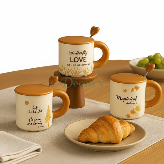 Autumn Vibe Ceramic Cup with Spoon & Lid