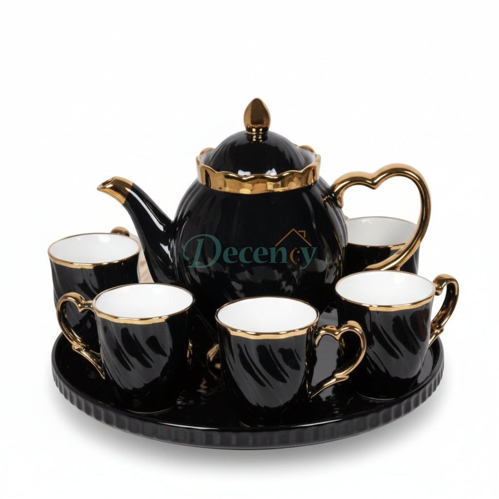 Ceramic Tea Set With Tray Black-Gold