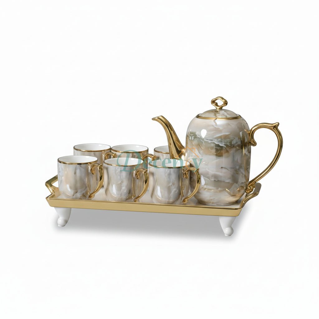 Ceramic Tea Set With Tray | Beige -Gold