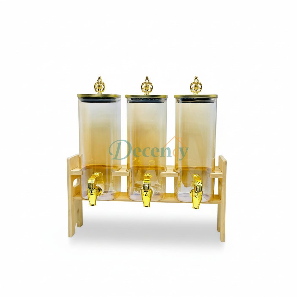 3 In 1 European Style Glass Beverage Dispensers with Wood Stand Gold Color Lid