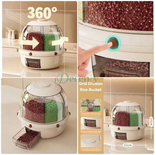 Collage of a kitchen appliance with grid division and 360-degree view, showing rice and beans.