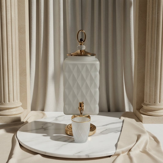 Luxury Glass Beverage Dispenser with 6 Glasses 3 Litre (Golden Base & Lid )