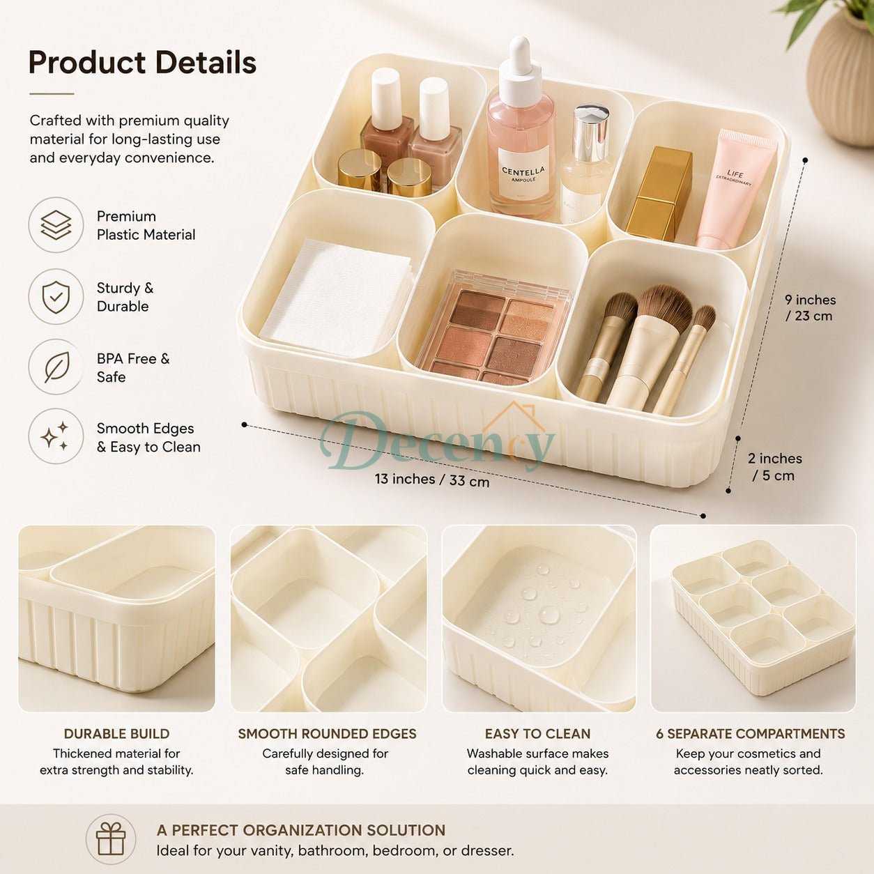 6-Compartment Cosmetic Organizer Tray - Makeup & Skincare Storage Box
