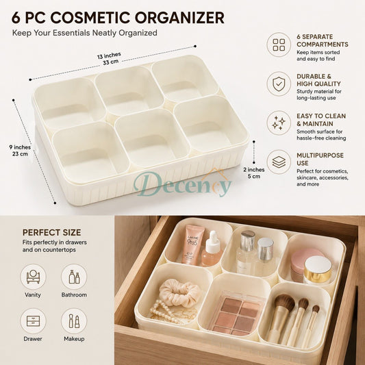6-Compartment Cosmetic Organizer Tray - Makeup & Skincare Storage Box