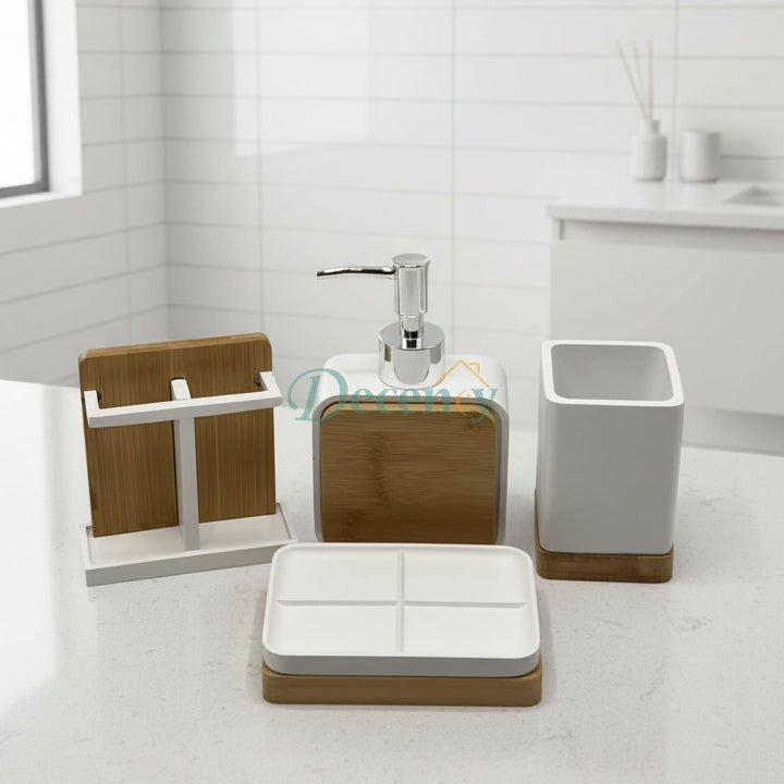 Premium Bamboo & Matte White Bathroom Set (4-Piece)