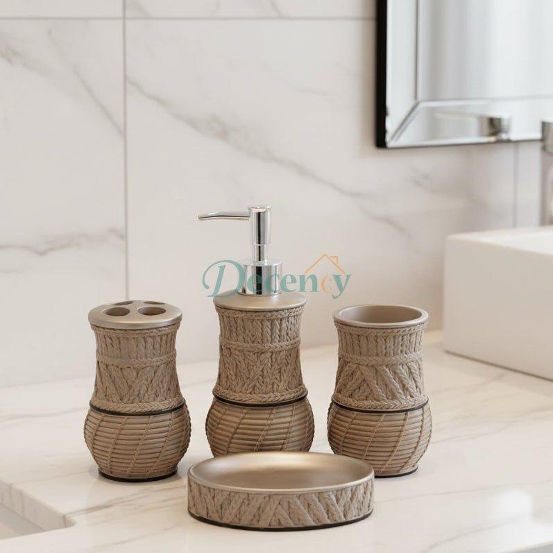 Rattan-Weave Ceramic Bathroom Accessories Set - 4 Pcs