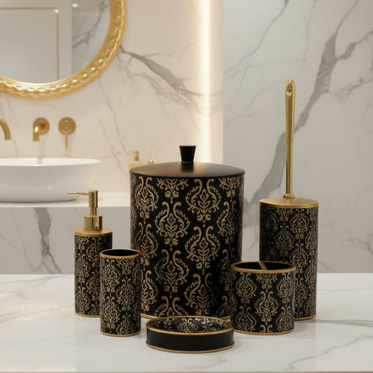 Luxury Black & Gold Damask 6-Piece Bathroom Set