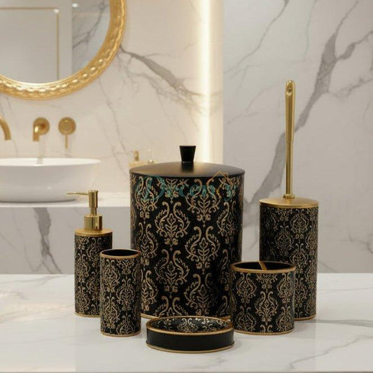 Luxury Black & Gold Damask 6-Piece Bathroom Set