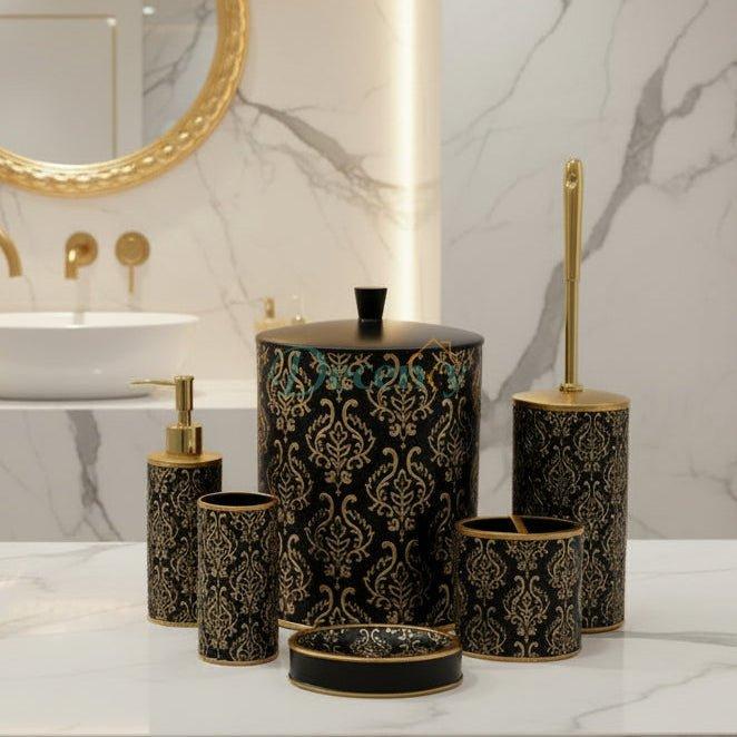 Luxury Black & Gold Damask 6-Piece Bathroom Set