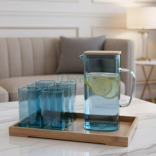 Luxury Glass Water Jug Set with Wooden Lid & Tray ( 2 )