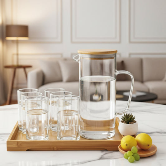 Borosilicate Glass Pitcher Set with 6 Glasses & Bamboo Tray