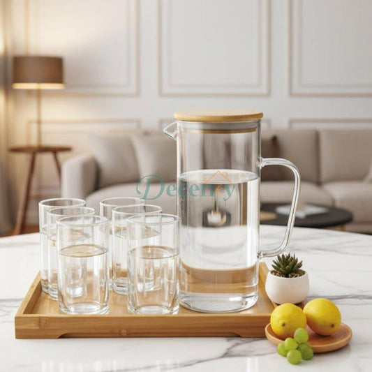 Borosilicate Glass Pitcher Set with 8 Glasses & Bamboo Tray