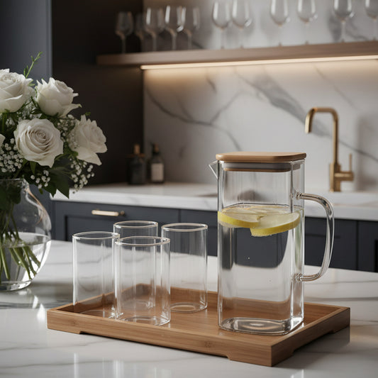 Luxury Glass Water Jug Set with Wooden Lid & Tray ( 1 )