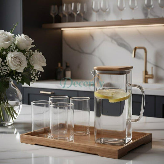 Luxury Glass Water Jug Set with Wooden Lid & Tray ( 1 )