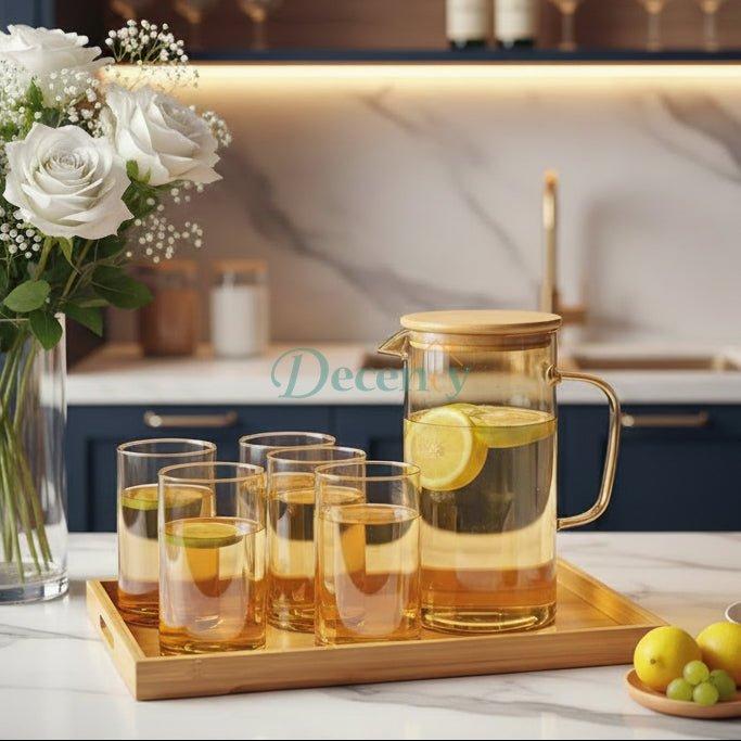 Golden Glass Water Pitcher Set with Bamboo Lid & 8 Cups
