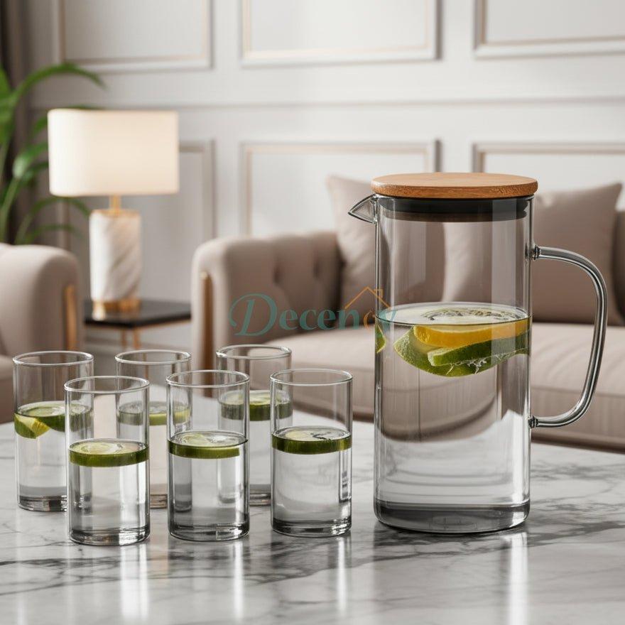 7 Pcs Clear Glass Water Jug Set with Wooden Lid
