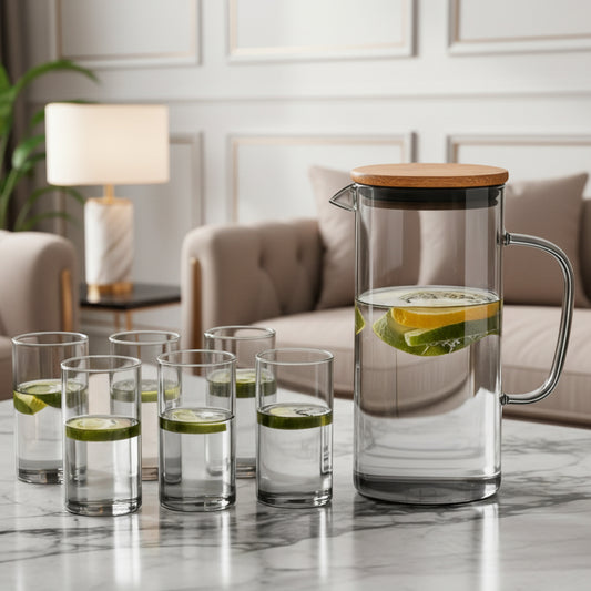 6 Pcs Clear Glass Water Jug Set with Wooden Lid
