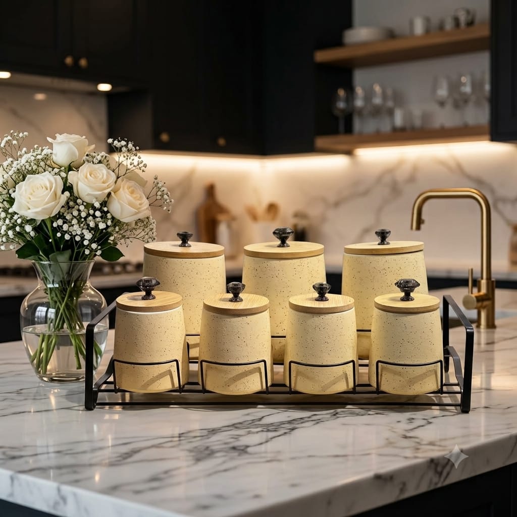 7-Piece Ceramic Kitchen Storage Jar Set with Wooden Lids & Tray