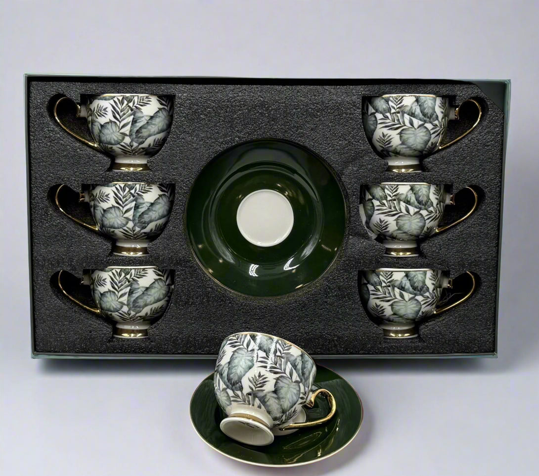 Johnson Brothers green and white leafy -12-Piece Elegant Cups & Saucers