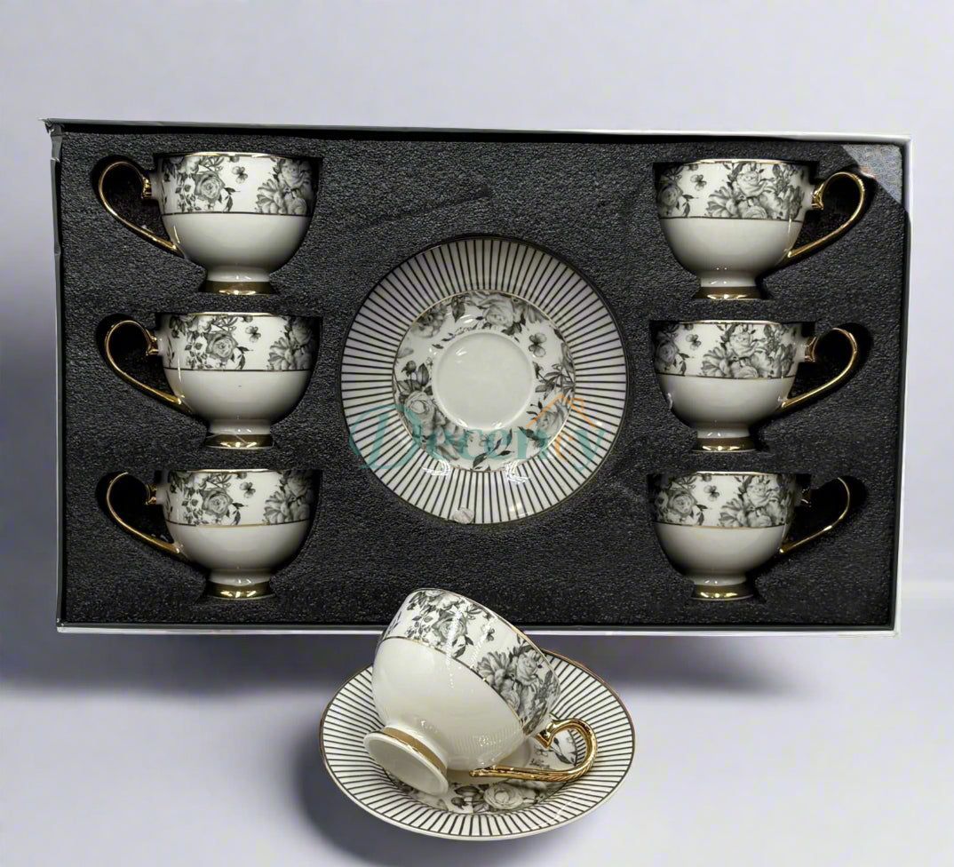Johnson Brothers white and black floral -6 -Piece Elegant Cups & Saucers