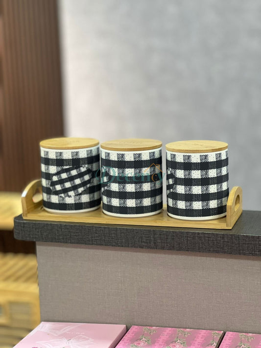 Luxury Black & White Checkered Ceramic Tea Coffee Sugar Jars Set with Bamboo Tray (3-Piece Kitchen Canister Set)