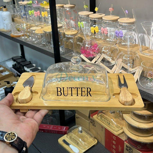 Glass Butter Dish with Tray & 2 Knives - Rectangle