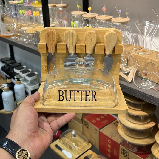 Bamboo Butter Dish and Lid Wooden Serving Tray with Knive Sett
