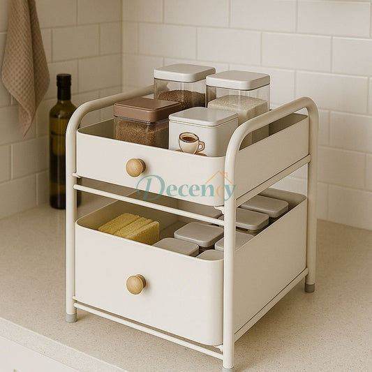Luxury 2-Tier Kitchen Countertop Organizer Rack with Wooden Knobs | Multi-Purpose Storage Stand