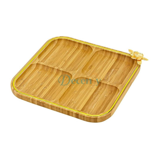 Bamboo Crafted Divider Plate Tray with Beautiful Flower Gold Pendant