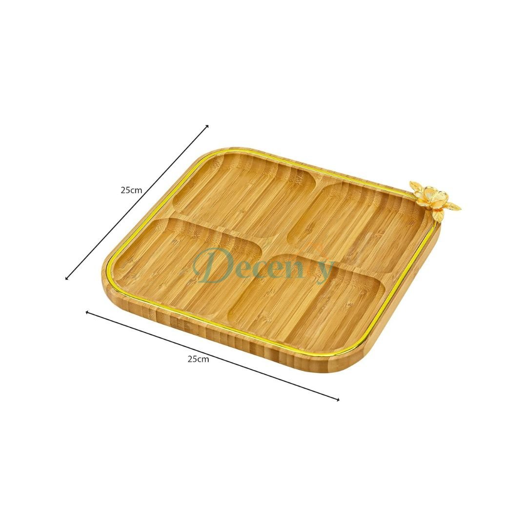 Bamboo Crafted Divider Plate Tray with Beautiful Flower Gold Pendant