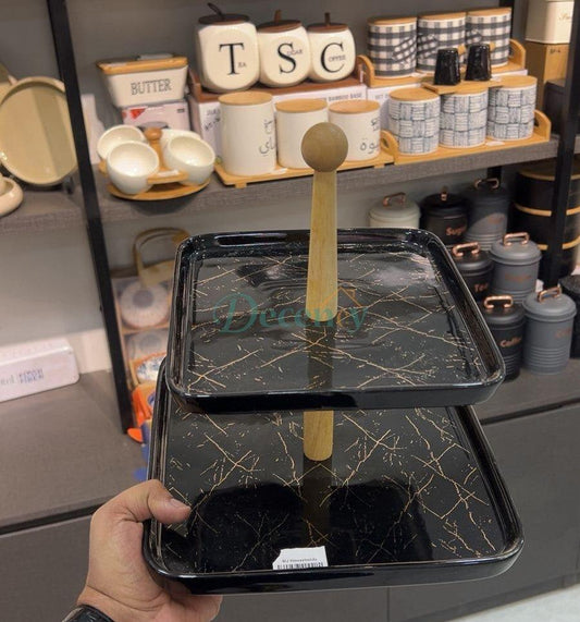 Two Tier Ceramic Serving Tray with Wooden Handle