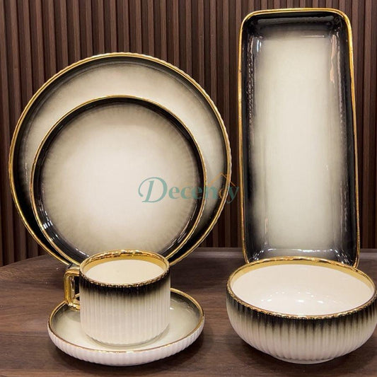 Premium Porcelain Dinner Set with White & Black Shaded and Elegant Self Linning Texture