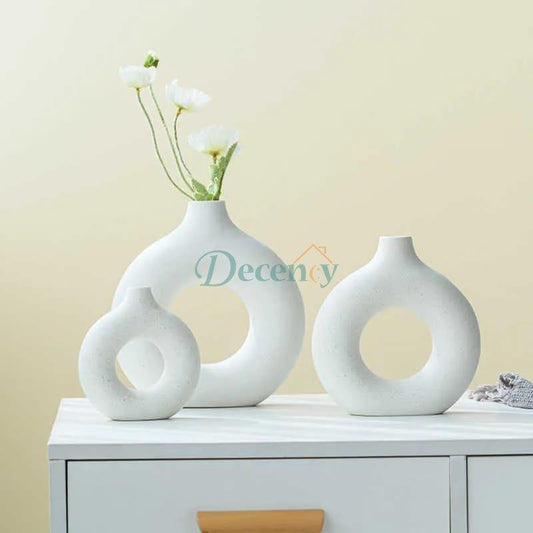 3 Pcs Pure Ceramic Donut White Vase, Original Glazed Ceramic Pot