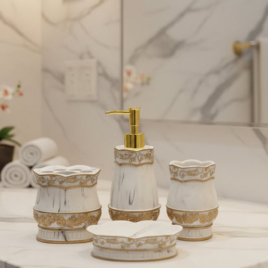 Royal Marble & Embossed Gold 4-Piece Ceramic Bathroom Set