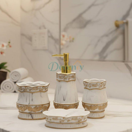 Royal Marble & Embossed Gold 4-Piece Ceramic Bathroom Set